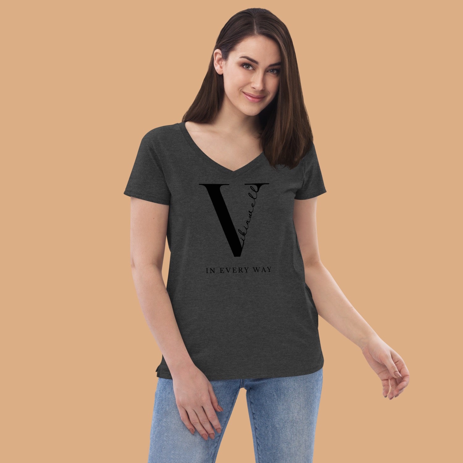 Original Vibinwell Women’s Recycled V-neck T-shirt Black Logo