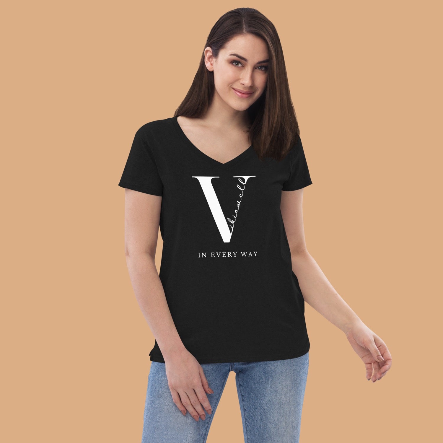 Original Vibinwell Women’s Recycled V-neck T-shirt White Logo